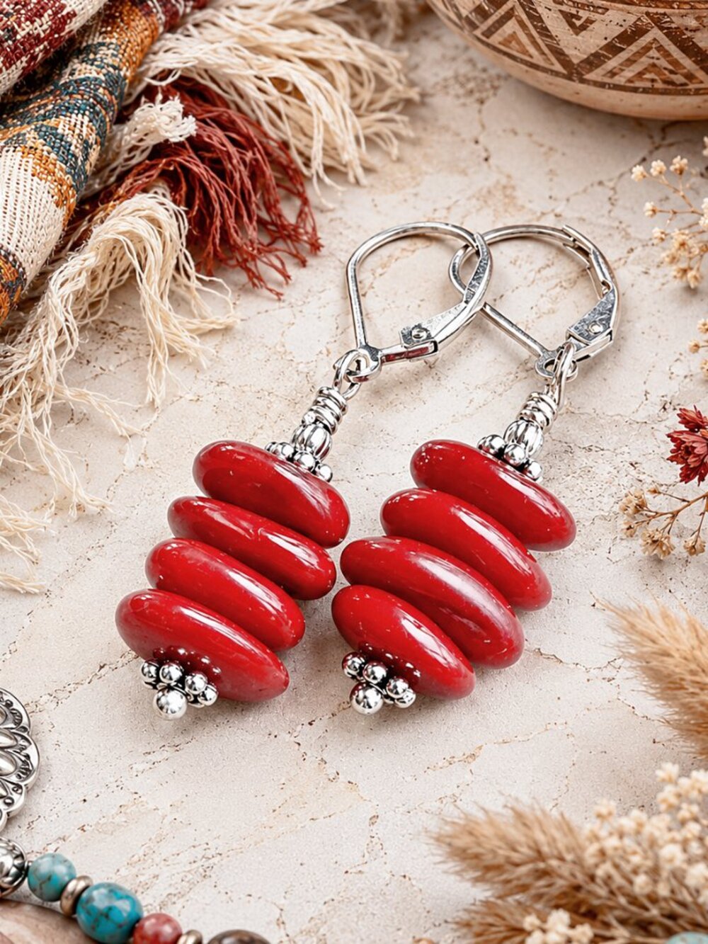 Red Coral Earrings Sterling Silver Southwest Boho Western Leverback Dangle